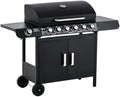 Gas BBQ Grill with 6 Main Burners and 1 Side Burner, Outdoor Barbecue Trolley, Warming Rack, Side Shelves, Storage Cabinet, Thermometer, Black