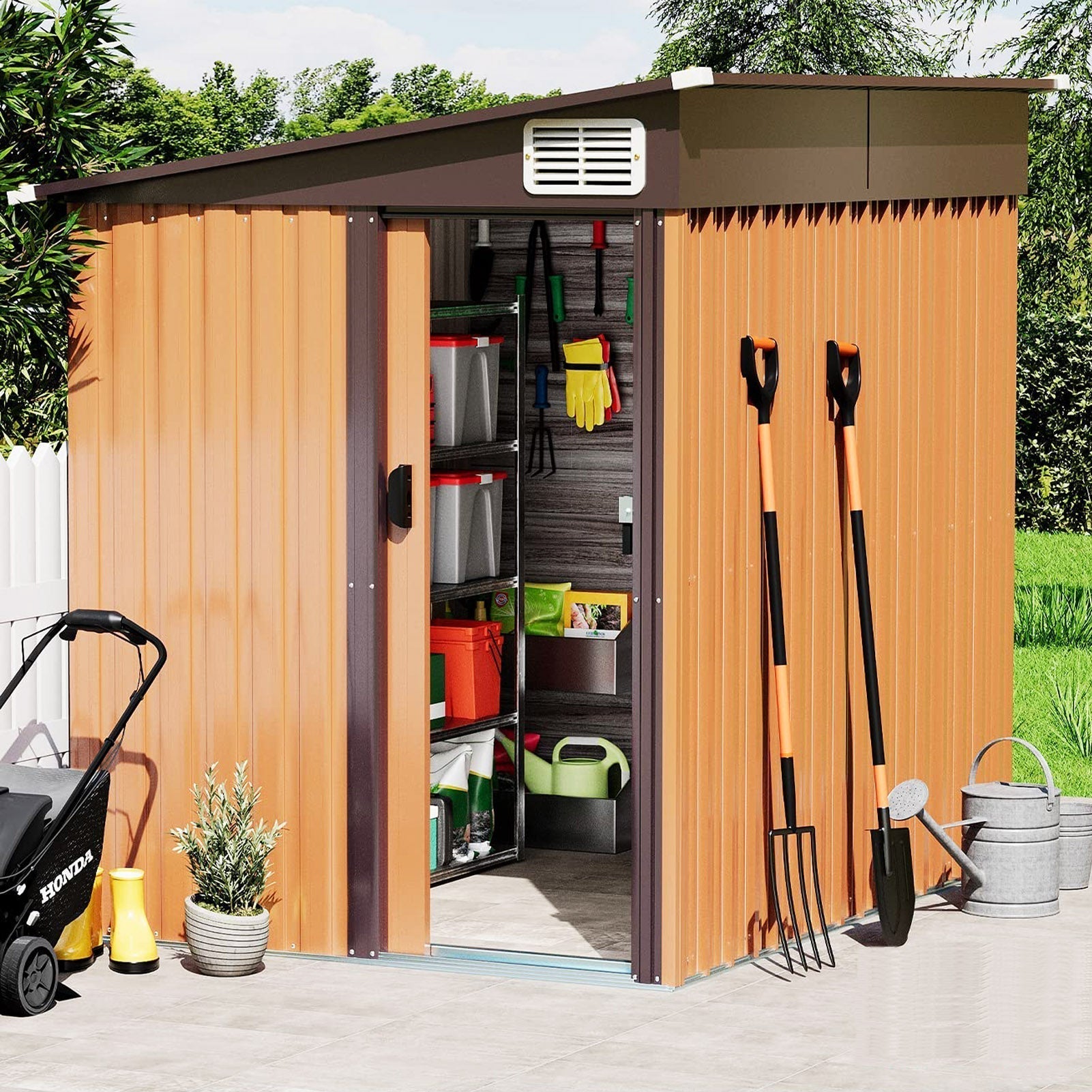 7' x 5' Outdoor Metal Storage Shed Garden Shed with Lockable Doors and Vents, Tools Shed Bike Shed Pet House for Backyard, Patio, Lawn, Brown